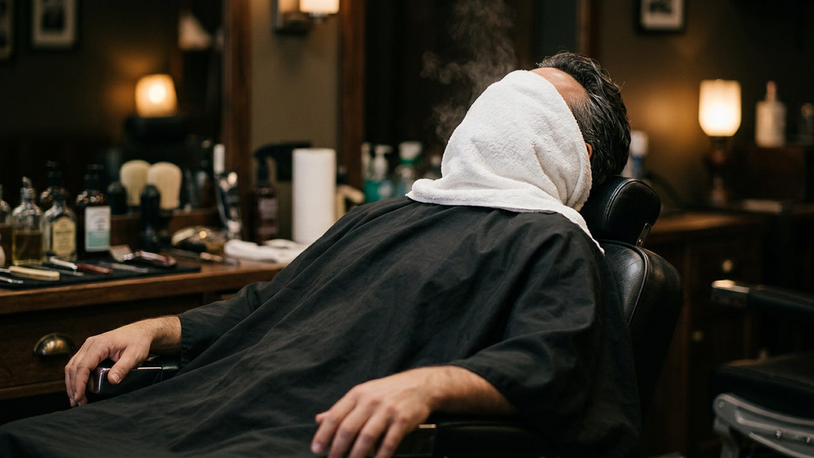 A customer reclined in a barber chair with a hot towel over his face