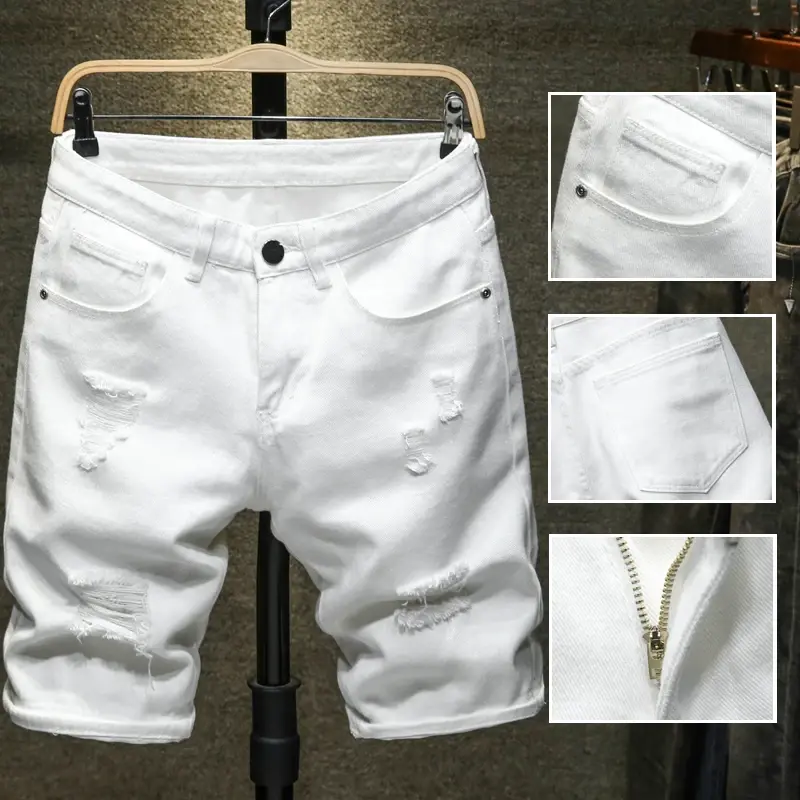 2024 New White Denim Shorts Men Ripped Knee Length Fashion Jeans Casual Hole Sli