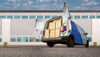 Minivan with cardboard boxes. Van for move. Delivery service van back view. Boxes for movi