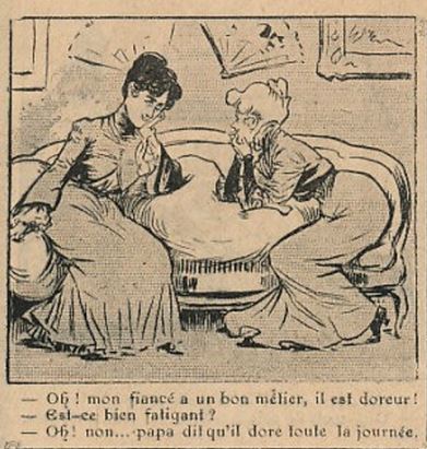 Dessin humoristique tiré de l'Almanach Nodot 1906. Archivage atelier Or Cadre, Laetitia Nicolas, Lodève.