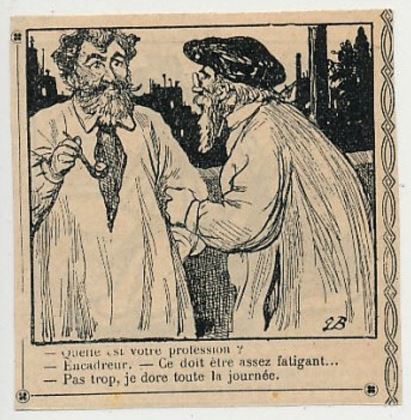 Dessin humoristique tiré de l'Almanach Nodot 1912. Archivage atelier Or Cadre, Laetitia Nicolas, Lodève.