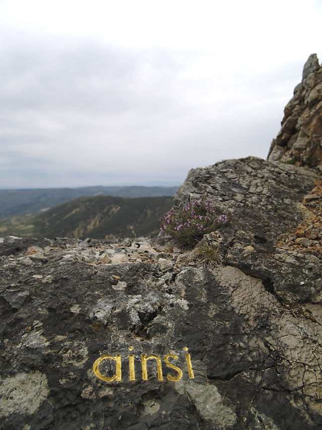 "Ainsi" est une oeuvre de la série "Traces" d'herman de Vries. Mot gravé et doré directement in situ ans un rocher des gorges de Trévans (Alpes-de-Haute-Provence, France). "Ainsi" is a work of Herman de Vries's "Traces" series. Engraved and Golden Word directly in situed A rock of the Gorges de Trevans (Alpes-de-Haute-Provence, France).