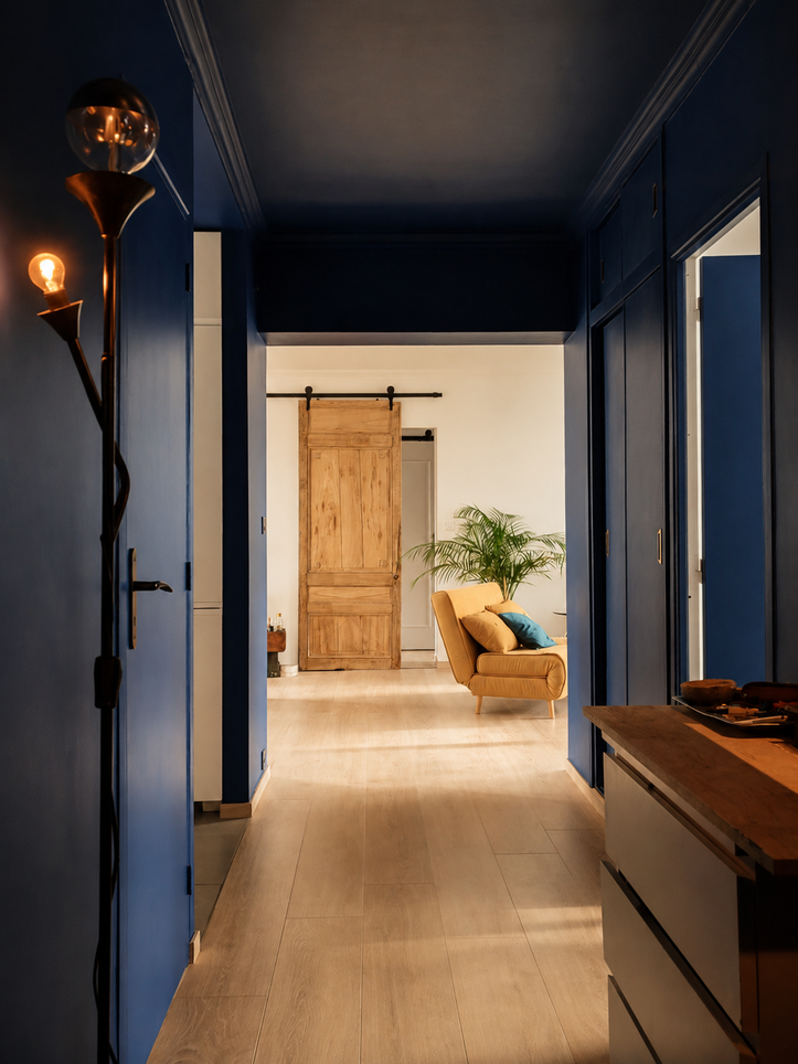 Rénovation intérieure d’un appartement à Lille, couloir coloré et porte ancienne conservée, projet conçu par Studio Polymorphe à Langeac