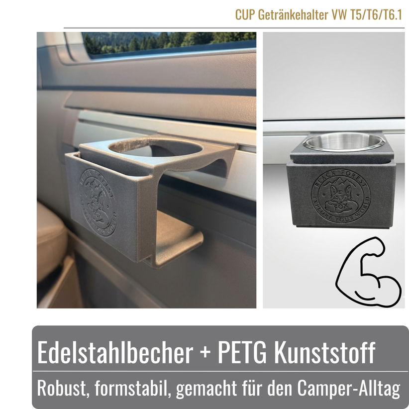 Robuster CUP Getränkehalter aus PETG Kunststoff mit Edelstahlbecher für VW T5 T6 T6.1 Innenraum
