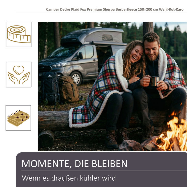 Ein Prächen kuscheln unter Campingdecke Karo vor einem Lagerfeuer im Hintergrund ein Ford Nugget