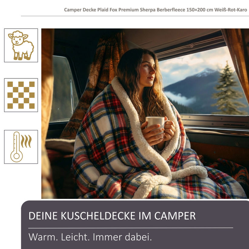 Stimmungsbild Frau eingekuschelt in Campingdecke Karo Teddyseite sitzend in einem Camper schauend in die Natur