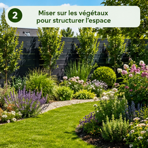 Image d'unjardin avec des massifs paysagers et du gazon de placage au centre faisant une allée