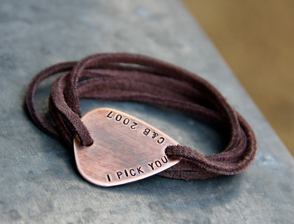 Thumbnail: Guitar Pick Wrap Bracelet in Copper and Leather