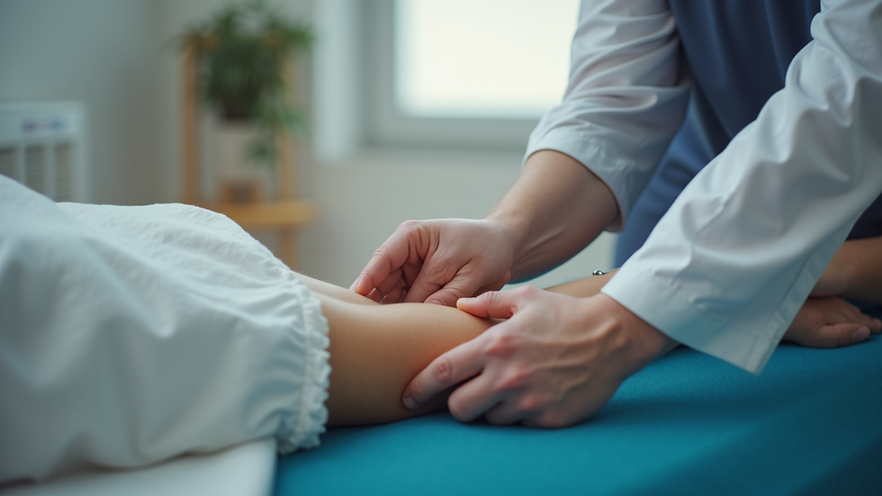 Close-up view of a therapist adjusting a patient's arm during physiotherapy