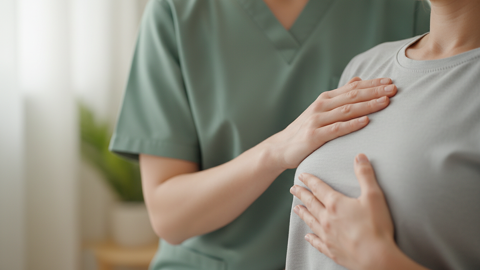 Close-up view of a physiotherapist demonstrating breathing exercises with a patient