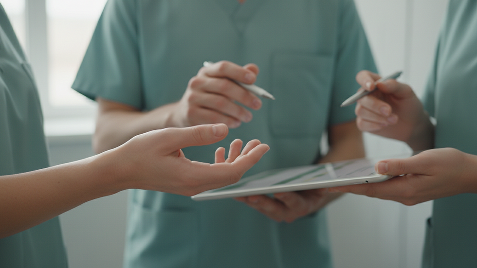 close-up view of therapy team discussing patient progress