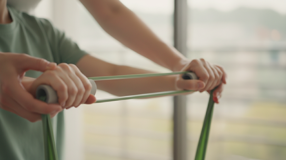 Close-up view of a physiotherapy exercise with resistance bands