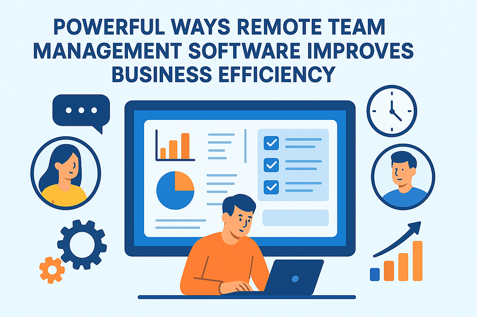 Illustration of a person at a laptop with charts, a clock, and virtual profiles, showing "Powerful Ways Remote Team Management Software Improves Business Efficiency."