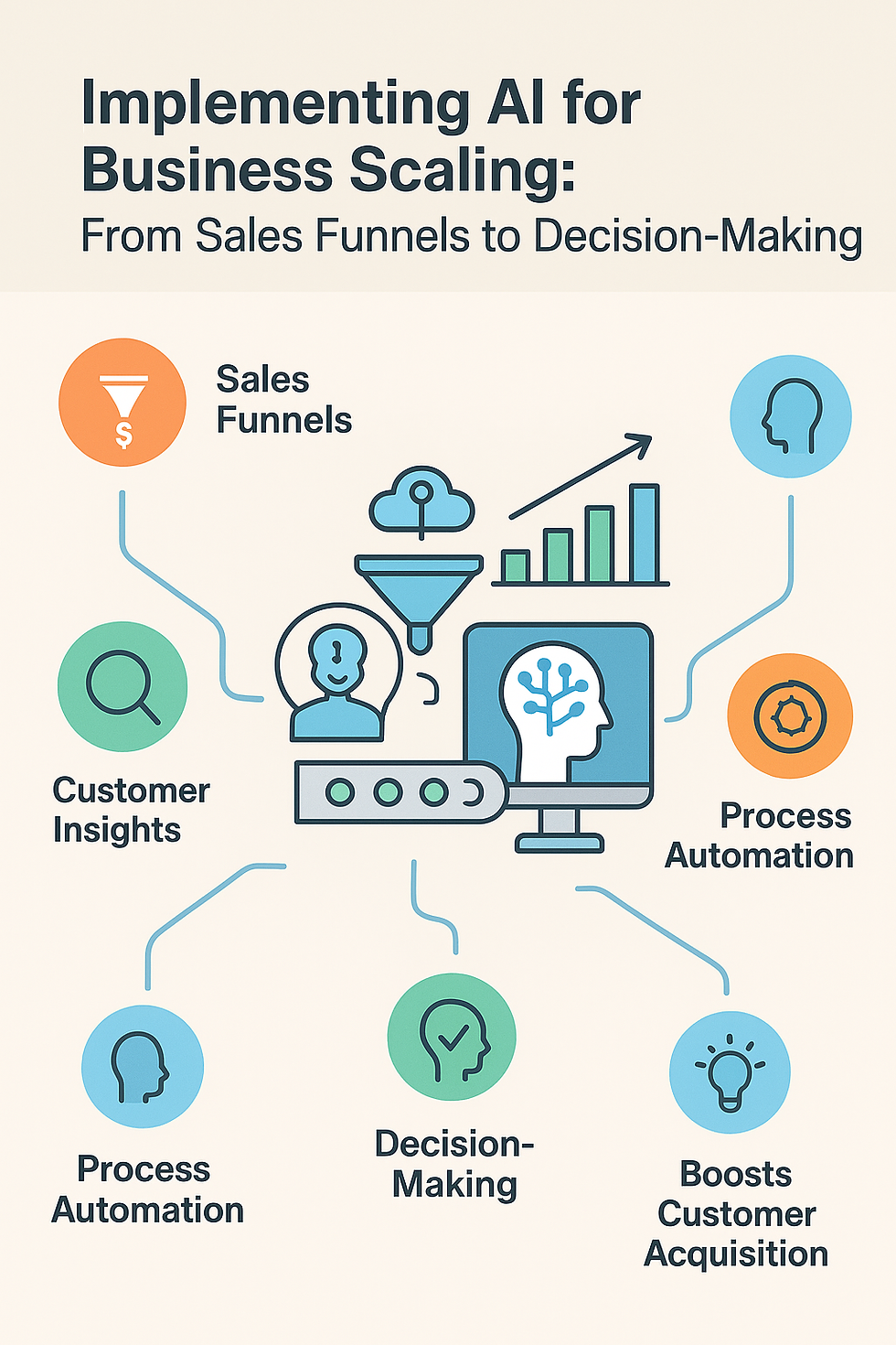 Infographic on AI in business scaling. Features a funnel, cloud, and graphs. Topics: Sales Funnels, Process Automation, Decision-Making.