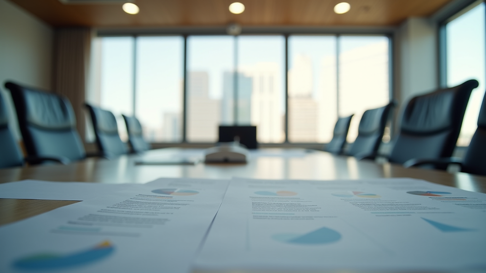 Eye-level view of a modern office conference room with business documents on the table