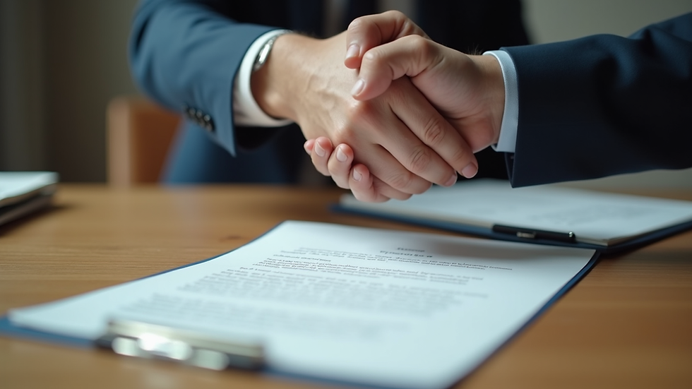 High angle view of a handshake over a signed letter of intent