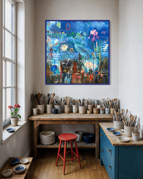 "Rite of Spring" emerges as a compelling dialogue between nature’s rebirth and abstraction’s boundless language. The composition is anchored by an expansive field of deep blues that ripple across the wooden panels, creating a textured atmosphere where color feels both grounded and fluid. Above, floral forms—an arresting purple iris alongside a delicate white daisy—rise from a structured canvas of leafy greens and flickers of bright orange, suggesting growth and renewal amid shifting shadows. Below, the palette settles into earthier, more contemplative tones where burnt orange and muted browns intertwine with lingering blues, inviting a moment of introspection beneath the season’s surface.
The piece unfolds like a lyrical exploration of spring’s dual nature: vibrant and fragile, familiar yet enigmatic. Abstract shapes weave through this layered environment, their lines and circles offering visual cadence without dictating narrative, allowing emotion and imagination to fill the spaces between. This tension between the recognizable and the abstract reflects the unpredictability of change today—how cycles of transformation are both deeply personal and universally shared. The artwork, rendered in acrylic on wooden panels, asserts itself with confident brushwork and thoughtful composition, blending two creative voices into a seamless whole that honors collaboration as a vital force behind artistic evolution.

