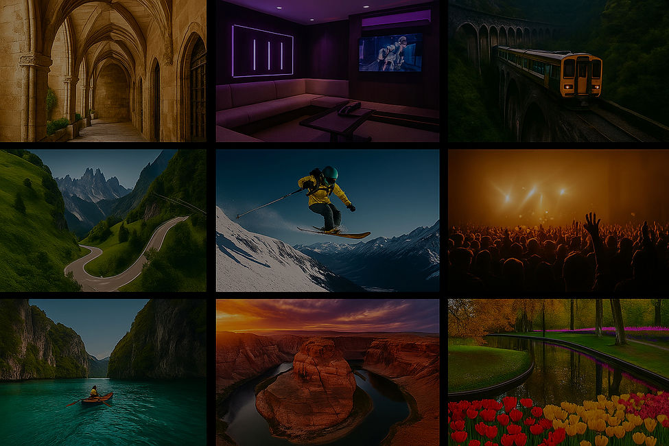 Collage of world travel destinations including mountains, historic architecture, and concerts; promoting immersive smart-glasses Eye-POV travel experiences.