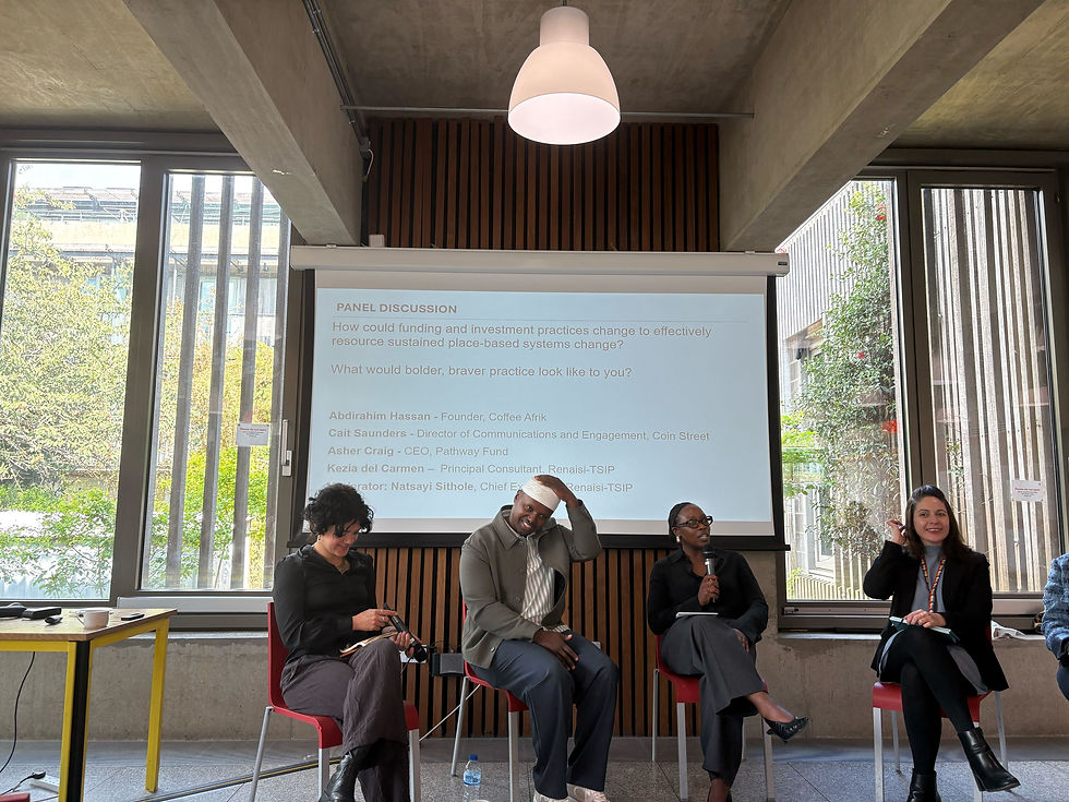 Four people seated in a panel discussion. One speaks into a mic. Presentation text is projected behind them asking about funding and investment, and bolder, braver practice for place-based systems change.