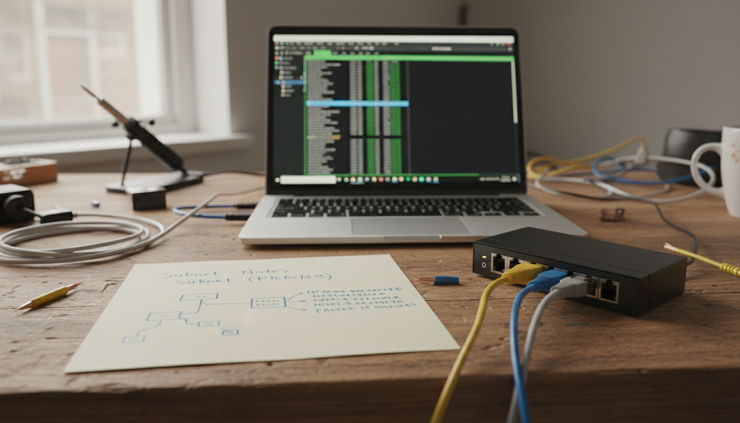 Close-up view of handwritten network notes beside an open laptop showing a packet capture tool.
