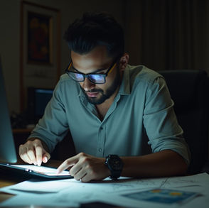 "An architect calculating fees with blueprints, scale models, calculator, and construction cost documents on a desk — representing how to charge clients as an architect in India."