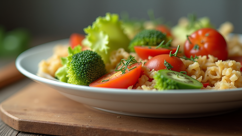 Close-up view of a colorful plate filled with healthy foods