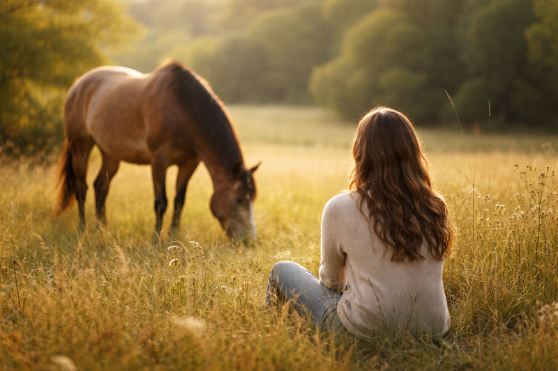 Woman sits peacefully in field with horse