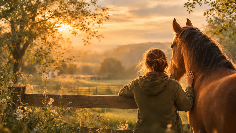 Woman and horse calmy looking to the horizon