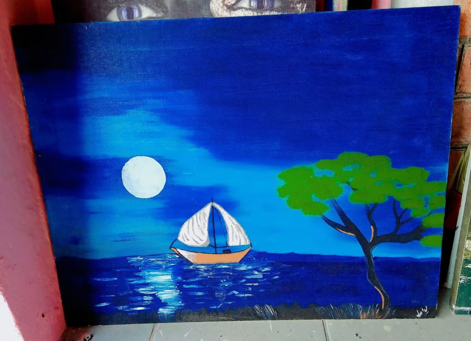 Quadro noite de luar. pintado a mão!!