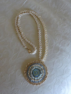 238 Necklace Tapestry Coll Blues Creams Golds on Cream St P beaded chain (2).JPG