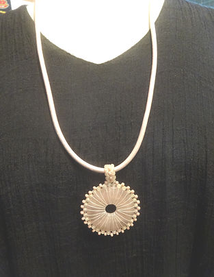 185 Necklace Silvery Pink leather w Rose Quarttz.JPG