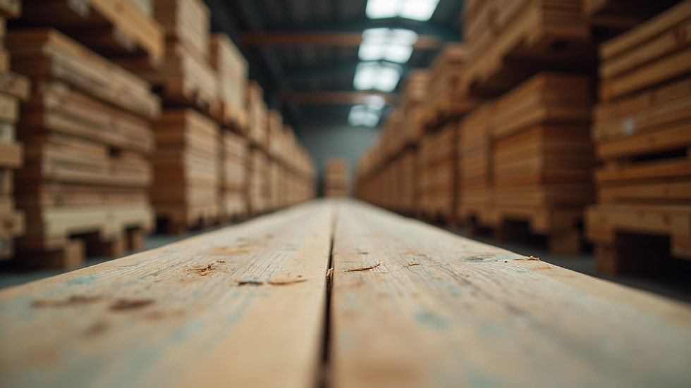 Eye-level view of wooden reclaimed floorboards stacked neatly in a warehouse
