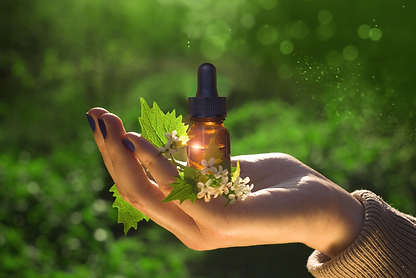 Uma mão segurando um vidro de florais de bach, com um fundo verde de natureza