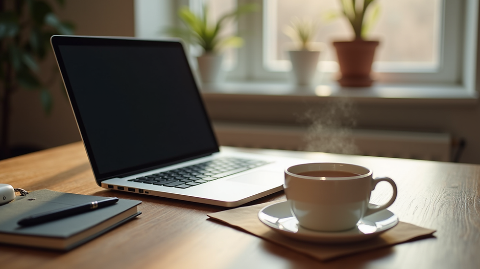 Eye-level view of a cozy workspace with a laptop and a cup of tea