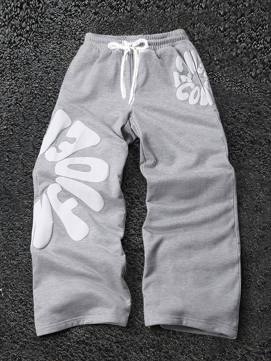 Thumbnail: 2026 Men's Soft Loose Fit Pants Grey White Bubble Letter Print Drawstring Elasti