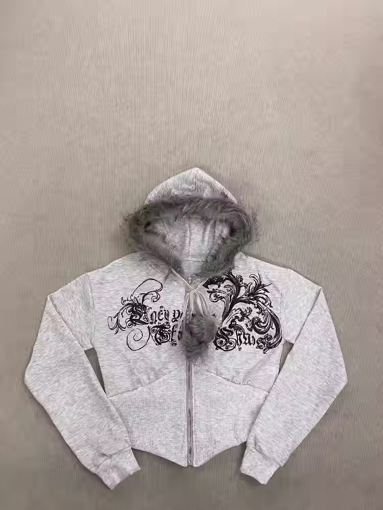 Thumbnail: American retro fur collar patchwork cardigan sweatshirt, casual zipper waistband