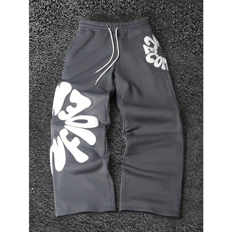 Thumbnail: 2026 Men's Soft Loose Fit Pants Grey White Bubble Letter Print Drawstring Elasti