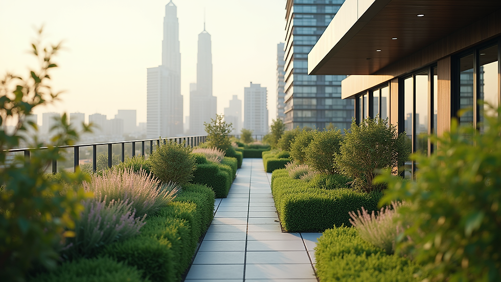 Wide angle view of a rooftop garden on a Class A commercial building