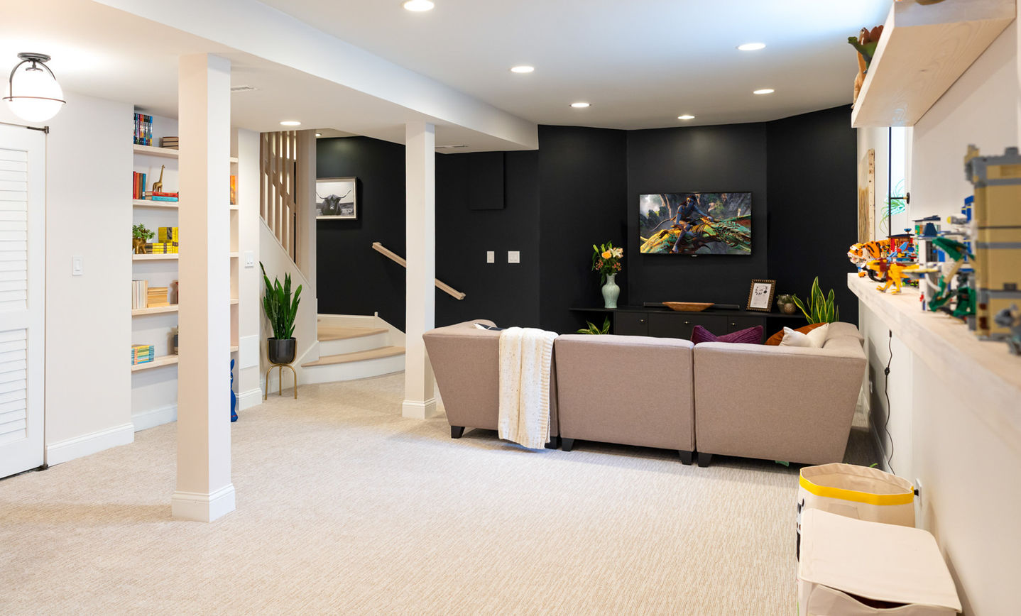 basement interior design of play room built-ins for toy storage