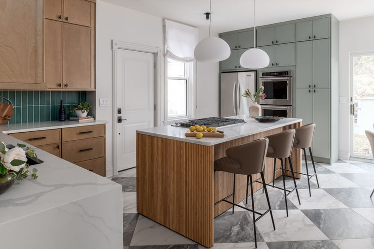 Modern kitchen renovation with slim shaker cabinets and emerald green backsplash in Victorian Evanston farmhouse