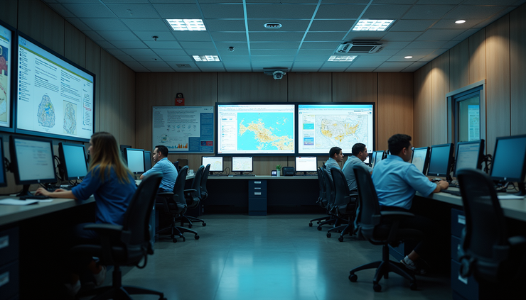 Eye-level view of a municipal emergency operations center with communication equipment and maps