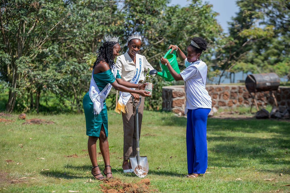 From left to right: Miss Tourism Kesha Ruth Namale 2024-2025, Mariam, Miss Tourism Buddu, and Miss Environment Parvin Noeline Nantumbwe 2024-2025 prepare a tree sapling before planting