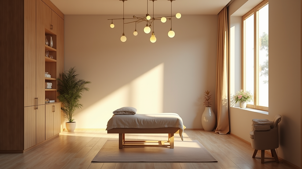 Vista frontal de uma sala de terapia acolhedora com poltronas confortáveis e iluminação suave