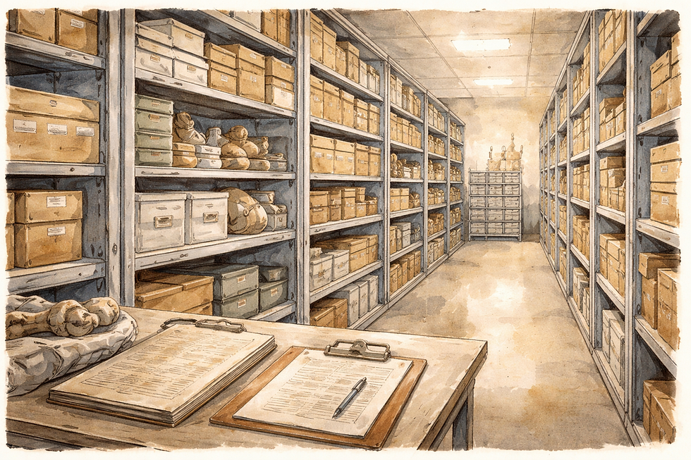 A watercolour  illustration Collections store of a museum with shelves of labelled boxes and statues. A table holds clipboards and papers. Warm lighting, organized, tidy atmosphere.