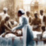 A sepia-toned illustration of a hospital scene with Mary Seacole, a black woman, in a blue dress and white headscarf attending to a patient lying on a bed. The patient appears to be unconscious and covered in blood. Other medical professionals and patients are visible in the background, along with medical equipment and a large window surrounding a door.