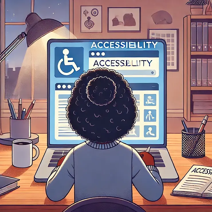 A cartoon-style illustration of the back of the head of a black woman with curly hair, sitting at a wooden desk in a modern, well-lit room. She is researching accessibility on a laptop, with the screen showing web pages and documents related to the topic. The desk also has a few notebooks, a pen, and a cup of coffee. In the background, there is a bookshelf with various books and a small plant.