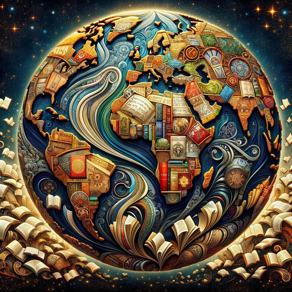 A beautifully illustrated globe composed of books, maps, and swirling artistic elements representing continents and oceans. The design integrates intricate details of storytelling artifacts, such as ornate book covers and scrolls, with flowing patterns resembling waves and air currents. Open books appear to cascade outward from the globe, symbolising the spreading of knowledge and stories across the world. The background features a starry night sky, enhancing the sense of wonder and connection