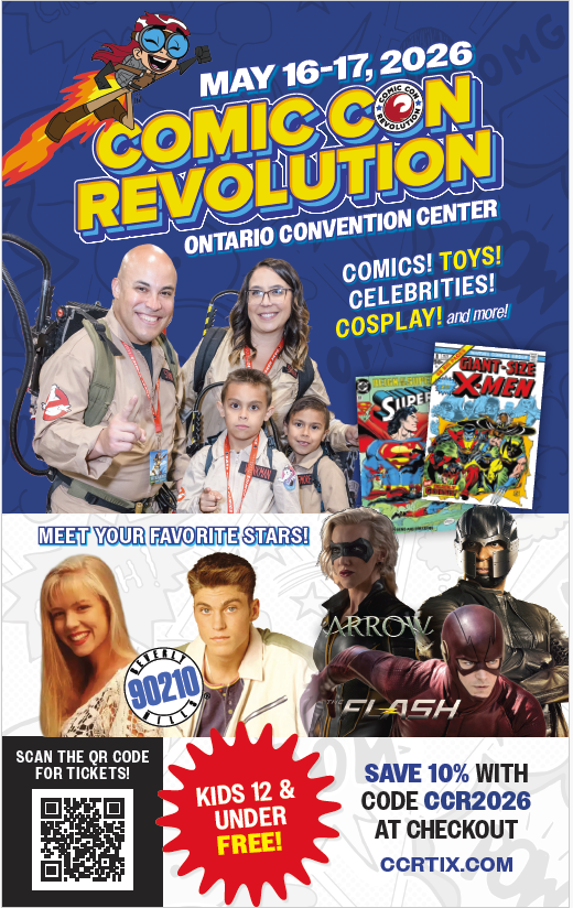 Promotional Poster for Comic Con Revolution on May 16-17. Comic Con Revolution discount code.