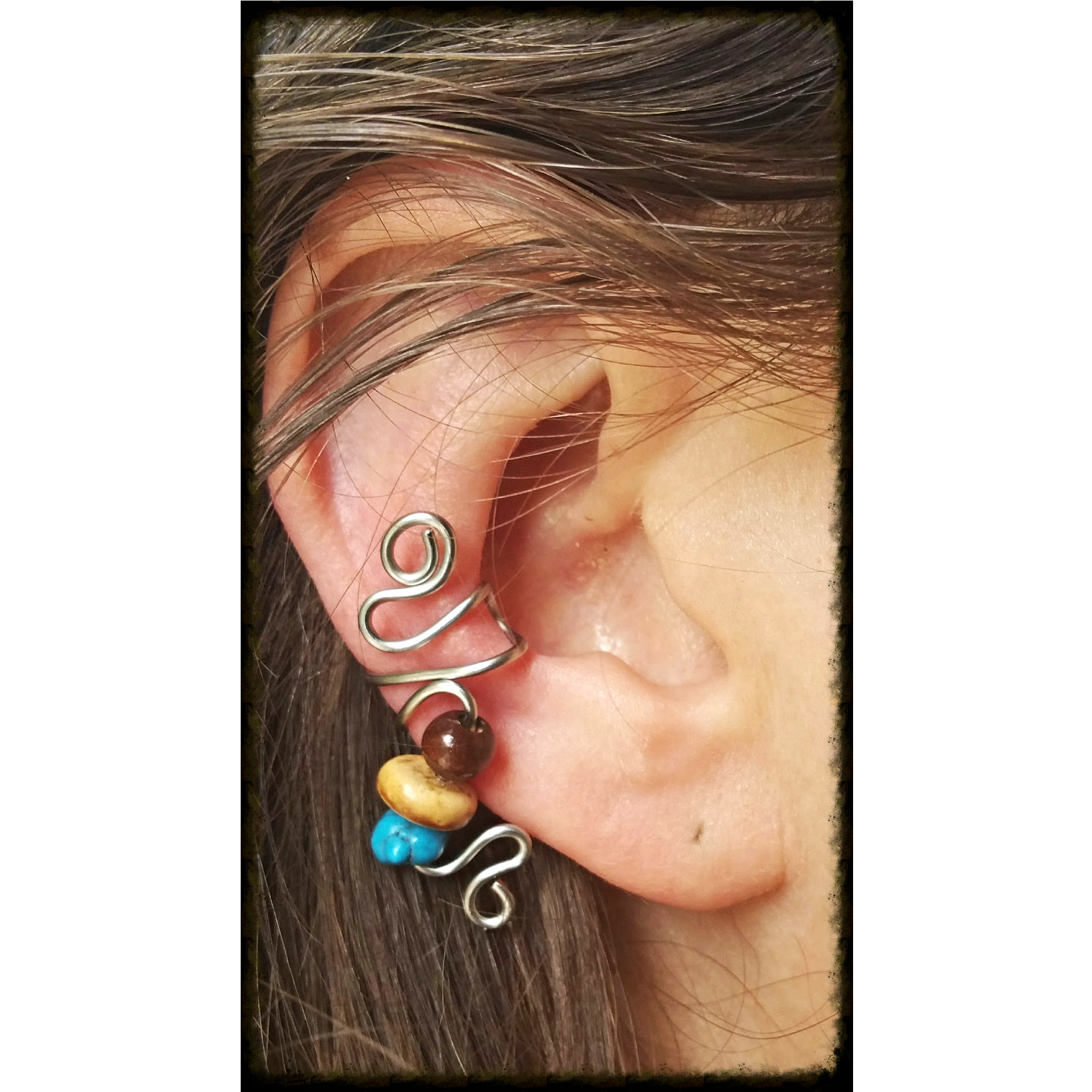 Turquoise, Nut, & Wood Bead Ear Cuff