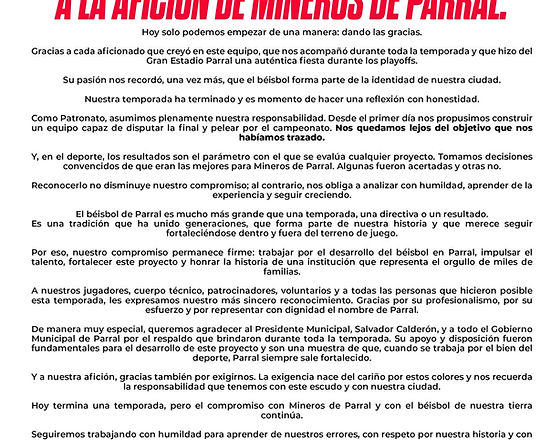 Patronato de Mineros de Parral agradeció el respaldo de la afición 
